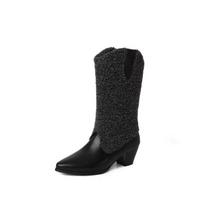 Brand High Quality Cowboy Boots Women  Winter New Fashion Shoes for Women Square Heels Western Mid-calf Boots Botas Mujer 35 black