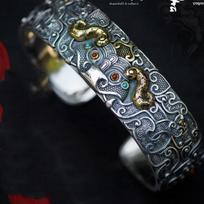 Carving Pixiu Retro Chinese Style Powerful Opening Ethnic Style Bracelet UNISEX one size(16-22CM) sidabras
