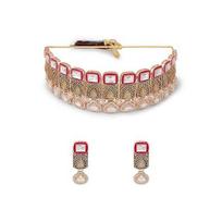 Pink Meenakari Dazzling Stones Austrian Diamonds Antique Choker Necklace & Earring Set For Women