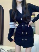 Japanese Retro Knitted Party Dresses Women V Neck Button Elegant Mini Sweater Dresses Sexy A Line Outfits New Autumn Winter 2024 M juoda