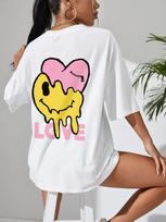 Funny Love Smiley marškinėliai su iškirpte iškirpte Basic Street Fashion trumpomis rankovėmis, laisvalaikio laisvi sportiniai drabužiai, minkšta medvilnė S balta