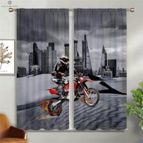 Juoda ir balta miesto pastatų lenktyninio motociklo 3D spausdinimo užuolaida, kišenė karnizui, miegamajam, svetainei, virtuvei, klubui, 2 vnt. W50xH130(CM)x2PCS&Rod pocket
