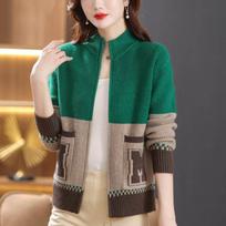 Casual Knitwear Women's Spring and Autumn Lazy Style Knitwear Loose Zipper Sweater Coat Stand Up Collar Outer Pullover S žalia