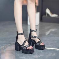 Fashion European American sequin cross strap with back zipper high heels threaded thick soles raised exposed toe sandals women's shoes 34 sidabras