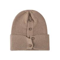 Winter Woolen Hat Knitted Dome No Brim Solid Color High Elasticity Button Decor Thick Keep chaki