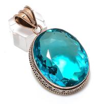 Swiss Blue Topaz Gemstone Handmade Copper Jewelry Pendant 2.13  w4E53