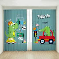 Cartoon Cute Dinosaur High Shading Curtain Children's Room Window Thick Blackout Drape Punch Hook Different Dinosaur Patterns W55 X H120cm X 2&HOOK