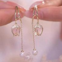 1 Pair Long Fringed Pink Tulip Earrings Women's Niche Design Earrings Super Fairy Versatile Temperament Ear Jewelry brown