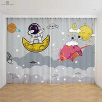 Cartoon Astronaut Spaceship Printed Curtains, Blackout, Heat Protection, Bedroom, Living Room, Study, 2 Pcs W100xH130(CM) folio&Rod pocket