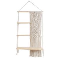 Boho Macrame Wall Hanging Shelf 3 Tier Handmade Woven Wood Organizer Shelves Wall Floating Plant Hanger for Home Decor 50x85CM