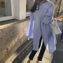 Loose, Lazy Style Shirt for Women, Mid-length, Irregular Design, Blue Striped Sun Protection Shirt S