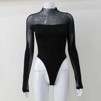 Seksualūs tinkliniai patchwork ilgomis rankovėmis kombinezonai moterims mada nauji permatomi prigludę seksualių romperių moterims aukštu liemeniu elegantiški kasdieniai moteriški bodžiai 25759 S juoda