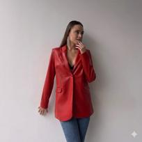 Classic Button Stylish Party Blazer Leather Red Real Genuine Handmade Lambskin Women S raudona