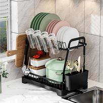 Dish Drying Rack for Kitchen Counter 2 Tiers Plate Drainer Cup Bowl Organizer black