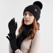 Moteriška žieminė megzta vilnonė šilta kepurė skara pirštinės trijų dalių ausų apsaugos kepuraitė One Size juoda