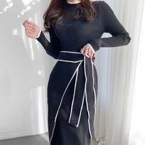 Harajuku Elegant Lace Up Turtleneck Knitted Long Dress Korean Fashion Khaki Black Rib Bandage Bodycon Sweater Dress Robe Femme One Size juoda