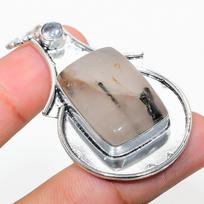 Black Rutile, White Topaz 925 Sterling Silver Jewelry Pendant 2.29  I1q68