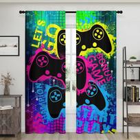 2 pieces, game controller curtains - bright neon text -30% blackout - suitable for living room, bedroom, kitchen, home decoratio W150CM H166CM&Rod pocket