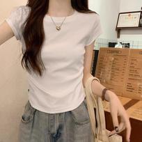 Summer new style dopamine light blue round neck right shoulder short fly sleeve T-shirt pleated waist slimming top for women S black