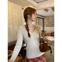 Oatmeal V-neck clavicle soft and waxy long-sleeved knitted bottoming shirt for women in autumn and winter, layered, slim and beautiful top One Size