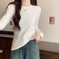 Creamy white and gray round neck elastic right shoulder long sleeve slim fit T-shirt women's early autumn new layered bottoming shirt top S white