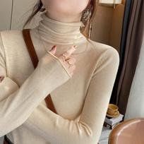 Autumn and Winter Knitted Women's Sweater Fashion Thin Long Sleeve Pile Collar Pullover Sweaters Women Elegant Slim Fit Simple Solid Kniwear Top 26049 One Size abrikosas