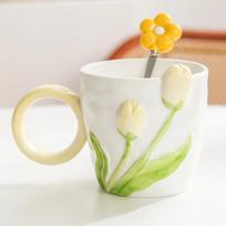 Tulip Flower Ceramic Mug Three-dimensional Design Creative Relief Girl Heart Ins Style Coffee Cup Birthday Valentine's Gift 401-500ml beige