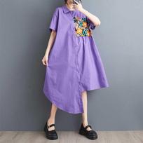 Summer Loose Large Size Printing Stitching Casual Simple Sweet Short-sleeved Dress one size violetinė