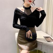 Hollow Off-the-shoulder Bottoming Shirt Women's Splicing Kink Slim-fitting Long-sleeved T-shirt Top 2XL šalta juoda spalva