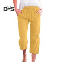 Women Cropped Pants Mid-rise Elastic Waist Adjustable Drawstring Casual Pants with Pockets Loose Fit Summer Pants XXL geltona