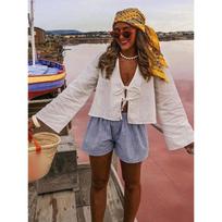 Women's Deep V Flare Sleeve Tie Top S balta