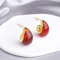 Gold-Tone Marbled Resin Drop Earrings - Burgundy & Red Hand-Sculpted Canvas Texture for Bold Women's Art Jewelry gray