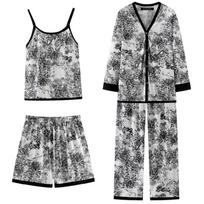 4PCS/Set Women National Tide Wind Ink Painting Ice Silk Pajamas Long-Sleeved Printed Suspenders Fashion Soft Simple Homewear XL juoda