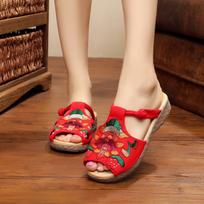 Summer Thai Ethnic Style Wedge Sandals Slippers Fish Mouth Jute Straw Women's Slippers EU39/CN40 raudona