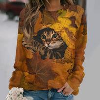 Summer Round Neck 3D Cat Pattern Printed Top Fashionable and Casual Women's Long Sleeved T-shirts S
