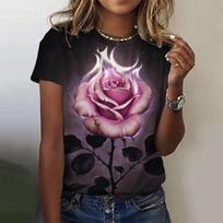 Summer Round Neck 3D Rose Pattern Printed Top Fashionable Casual Short Sleeved Women's T-shirts S