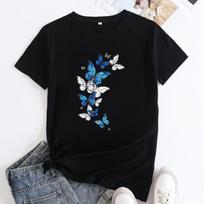 Summer Round Neck Fluttering Butterfly Pattern Printed Top Fashionable Casual Short Sleeved Women's Pure Cotton T-shirts S juoda