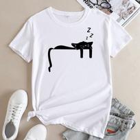 Summer Round Neck Cat Pattern Printed Top Fashionable Casual Short Sleeved Women's Pure Cotton T-shirts S