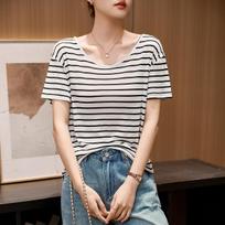Tennis Wool Nude Feeling Fried Thin Skin-friendly and Cool Loose T-shirt for Women In Summer Short-sleeved Black and White Striped Tops Outside One size