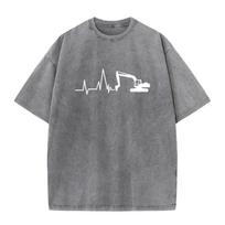 New Excavator Washed T-Shirt Men Cotton Heartbeat of Excavator Bleached T-shirt  Man Clothing  Bleach T shirt S