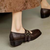 Krazing Pot Cow Skin Spring Summer Size 40 Loafers Thick Med Heels Metal Buckle Women Round Toe Leisure Pumps 35 ruda