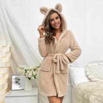 Rudens ir žiemos moteriškas flanelinis chalatas su gobtuvu, surišamas, sutirštintas, frotinis, pižama, vienspalvis XL beige