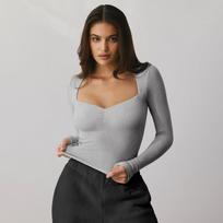 Women's Fan Long Sleeve Bottom Shirt Fashion Slim Square Neck Sexy Top S pilka