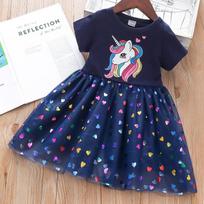 summer Toddler Girls Cartoon Print Sequins Mesh Tutu Dress Short Sleeve Infant Party Wear Machine Washable M tamsiai mėlyna spalva