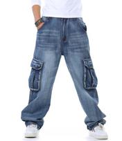 Men Jeans Baggy Hip Hop Jeans Multi Pockets Skateboard Jeans for Men Tactical Joggers Denim Pants Size XXS mėlyna