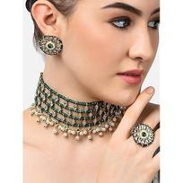Green Crystals Beaded Kundan Choker Necklace Earring & Ring Set For Women