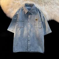 Men's Retro Loose-Fit Denim Short-Sleeve Shirt, Hong Kong and Korean Style, Trendy All-Match Half-Sleeve Jacket for Summer L mėlyna