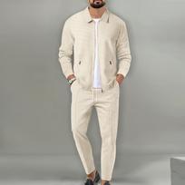 Men's Autumn Waffle-Textured Lapel Cardigan & Pants Set with Zipper Pockets Extra Large chaki