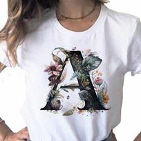 New Women 3D Printed T Shirt Custom Name Letter Combination Print Tshirt Flower Letter Font A B C D E F G Short Sleeve Female Tees Tops S gray