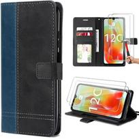 Coque à Rabat pour Xiaomi Redmi 12C - Redmi 11A Bleu Marine Effet Cuir Bicolore+ 2 Verres Trempés